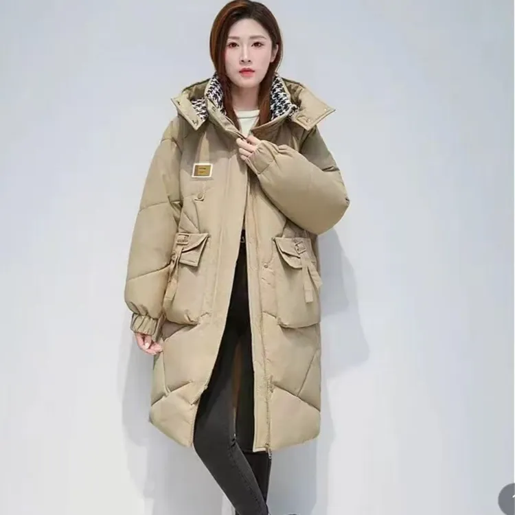 女士冬季新款千鸟格撞色黑金厚棉服