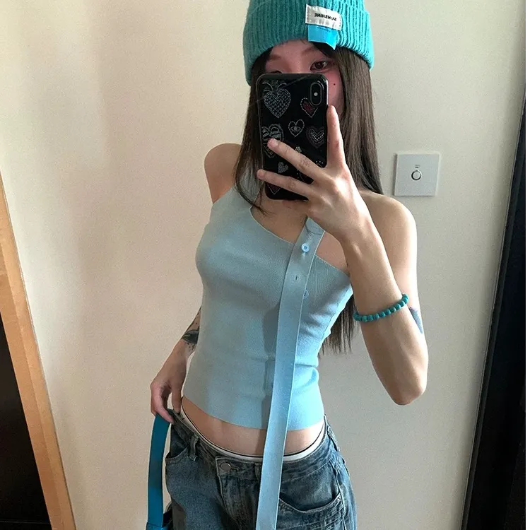 夏季性感美背斜肩飘带针织挂脖背心女辣妹修身显瘦外穿短款上衣