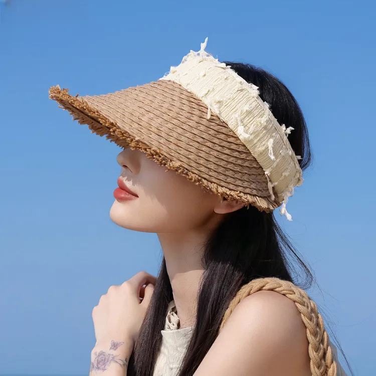 夏季新款草编空顶帽子女大帽檐显脸小可折叠沙滩海边遮阳防晒帽子