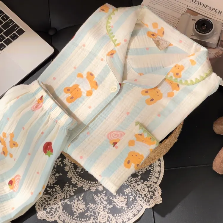 卡通条纹小熊睡衣女春秋季2025新款泡泡绵长袖可外穿家居服套装