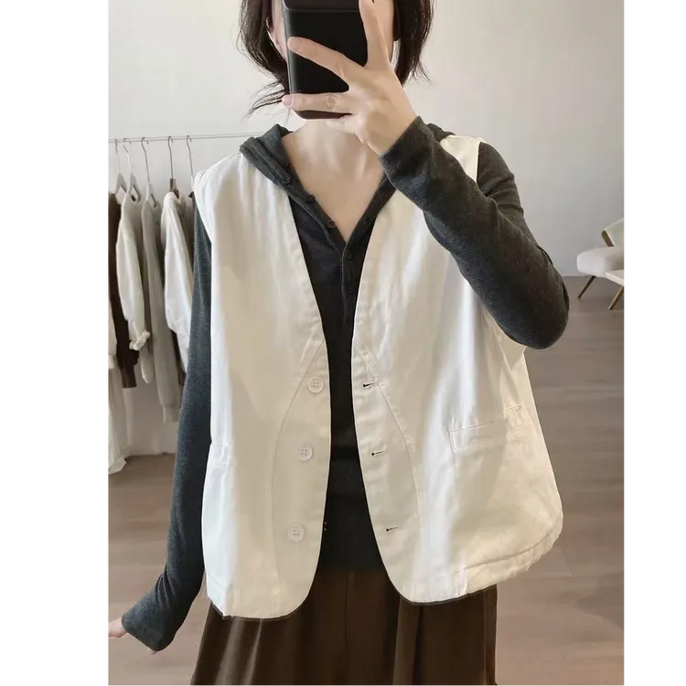 棉质马夹外套女士春秋季新款宽松显瘦v领简约小众设计感工装背心