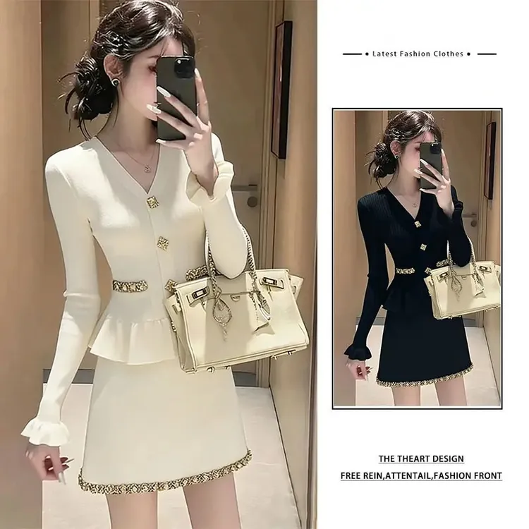 小香风轻职风时尚设计感针织上衣半身裙套装温柔知性穿搭2025新款