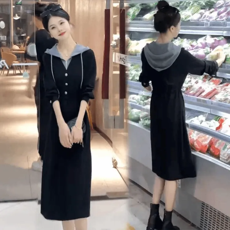 2024假两件长袖拼接连帽女装连衣裙秋季显瘦休闲法式系带收腰裙子