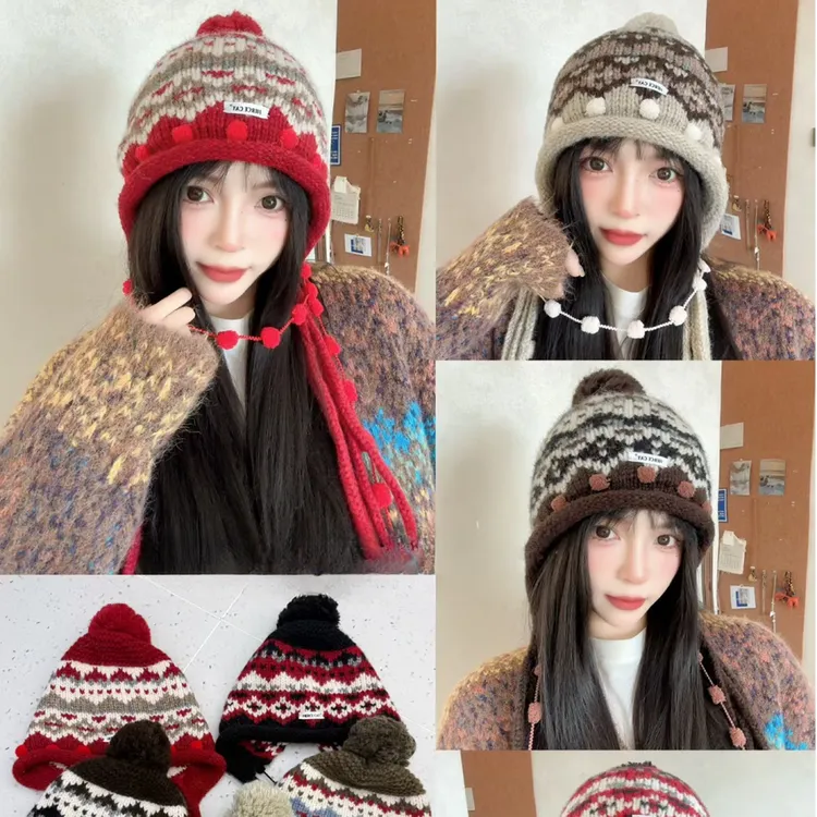 潇墨家秋冬季加厚绒保暖护耳显脸小毛线防寒针织包头时尚雷锋帽