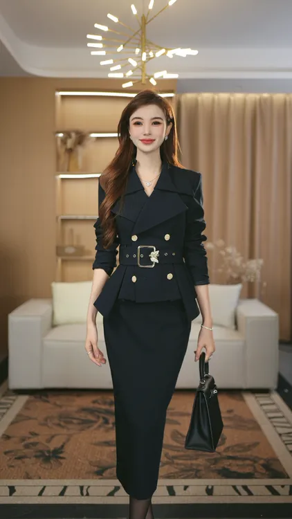 罗曼定制 高定原创藏蓝色西装收腰上衣女新+鱼尾裙时尚秋气质名媛