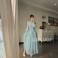 【现货】LUOLUOZ【蝶梦浮绡】气质网纱袖收腰方领仙气长款连衣裙JF597
