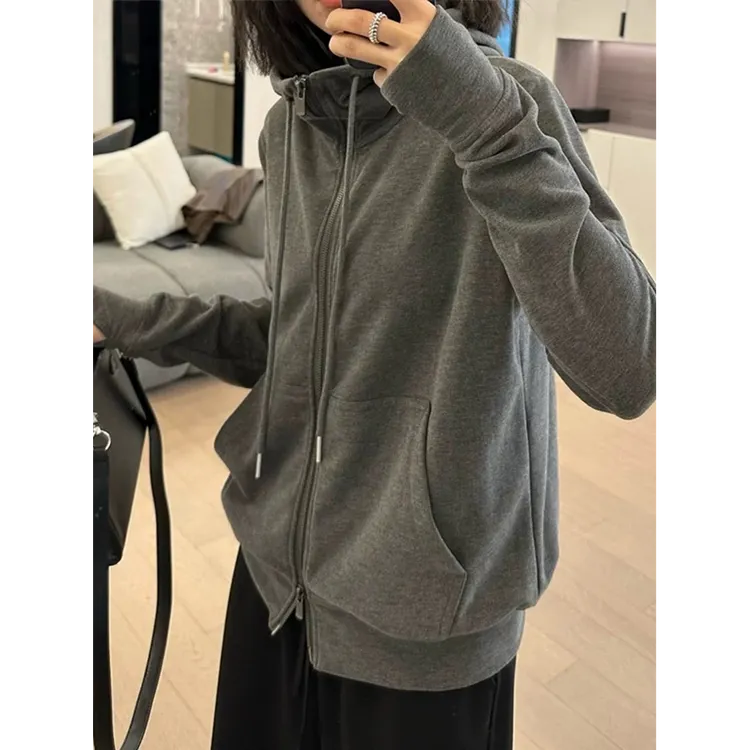 木子静-「冬日心机」韩系拼接连帽双开拉链口袋开衫卫衣-9133