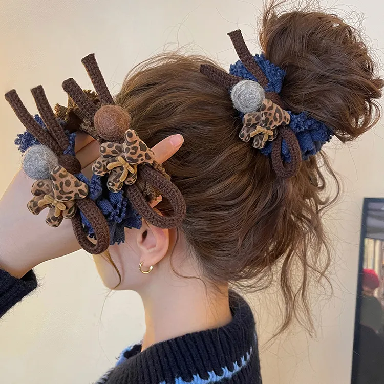 豹纹小熊毛球大肠发圈女高级感低马尾皮筋头花盘发丸子头绳发绳秋