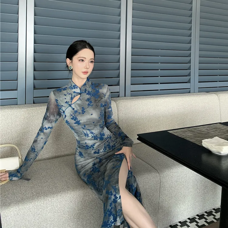 复古民国风改良旗袍盘口立领网布植绒开叉褶皱连衣裙修身显瘦848