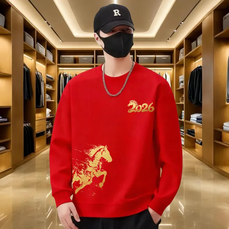 马年红色圆领修身卫衣男女款2026款本命年衣服秋冬加绒宽松外套