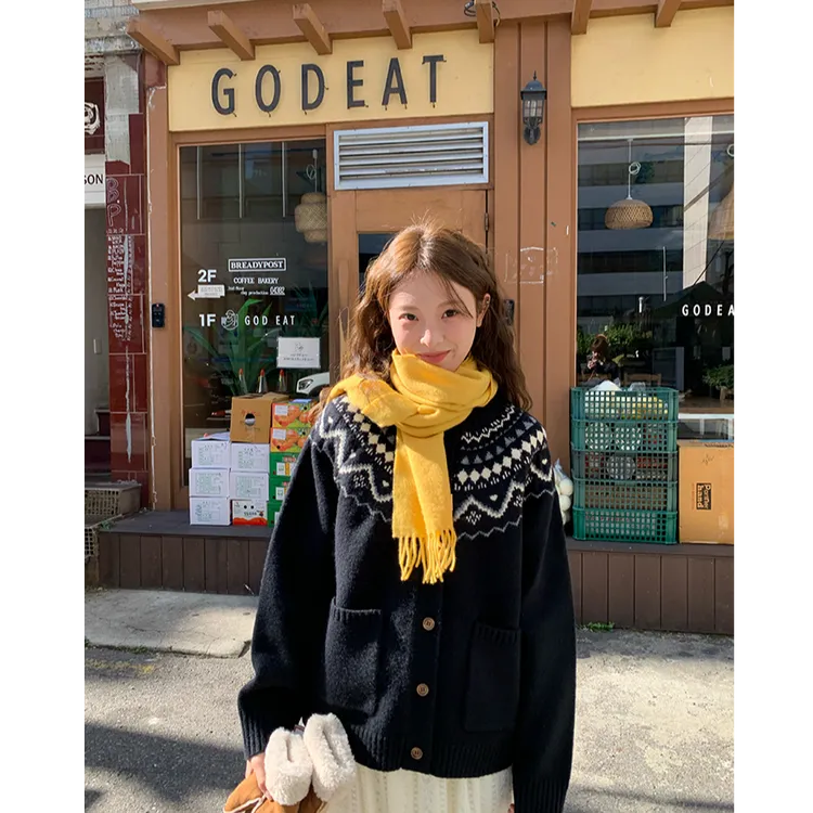 复古印花费尔岛圆领针织开衫女春秋慵懒宽松软糯亲肤百搭毛衣上衣