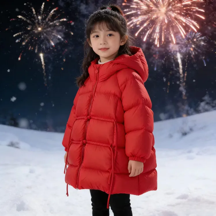 儿童无胆防绒新年红色中大童90绒加厚泡芙连帽轻便外套冬季