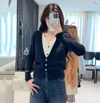 （718）大码撞色拼接假两件V领针织开衫春秋季韩系氛围感穿搭宽松女