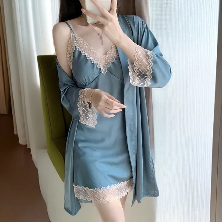 [飘飘女神]蕾丝薄款家居服性感睡衣纯欲风高级睡裙带胸垫秋冬睡衣