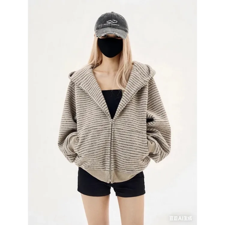 LIGGICC 早秋男女同款条纹连帽拉链外套小众宽松美式开衫卫衣潮