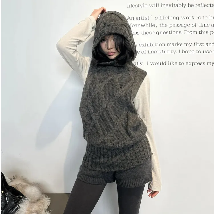 保暖秋冬针织时尚百搭T恤女士外穿韩版高领钩花绵披肩上衣舒适