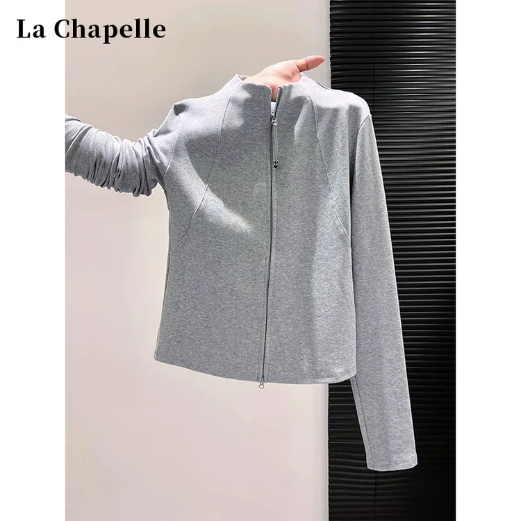 拉夏贝尔美式双拉链立领长袖T恤女秋季新款辣妹瑜伽打底开衫外套