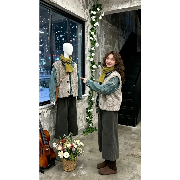 早秋穿搭一整套韩系洋气减龄牛仔衬衫叠穿马甲外套阔腿裤三件套女