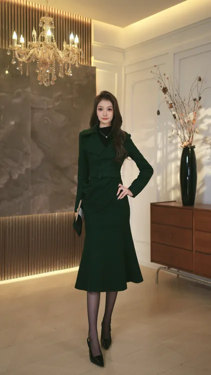 罗曼定制  原创设计轻熟风法式显瘦冬季毛呢连衣裙复古气质赫本风