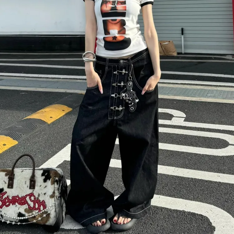 美式vibe大码水洗飞机扣设计牛仔裤女街头直筒宽松阔腿坠感长裤潮