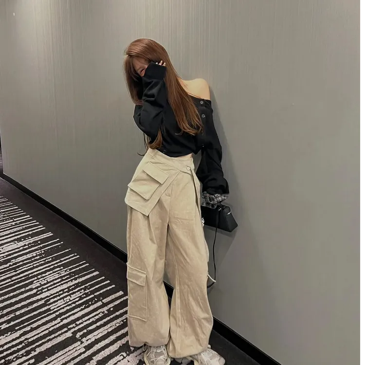 性感辣妹斜肩外穿长袖宽松上衣气质显瘦洋气休闲百搭宽松长裤套装