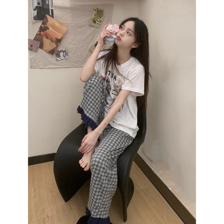 可爱卡通小狗印花短袖睡衣女2025春夏季家居服格纹裤子套装可外穿
