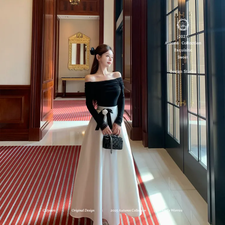 【香风高定】赫本风千金露肩修身黑上衣白色大摆裙时尚高级显瘦套装