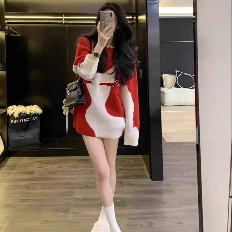 Leathercat毛衣女款2025秋冬新款高级感慵懒风宽松减龄红色针织衫