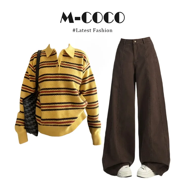 MARIE.COCO秋季新款复古polo领条纹针织衫上衣宽松阔腿休闲裤套装