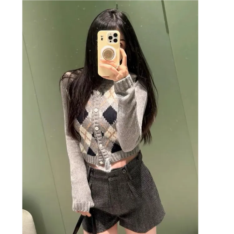 【高品质对版】学院风菱格纹圆领长袖毛衣针织开衫/短袖双版本Y5001