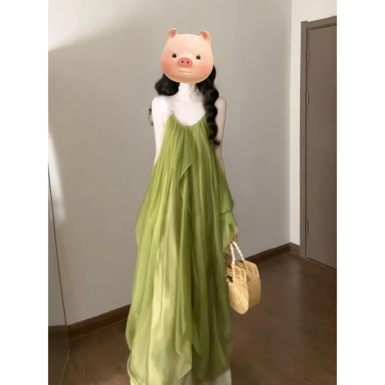 【青屿浮纱】夏季新款海边度假风双层压褶缎面不规则薄纱吊带连衣裙