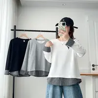 卡洛町大码女装110-200斤秋季新款时尚百搭拼接格子长袖卫衣2064