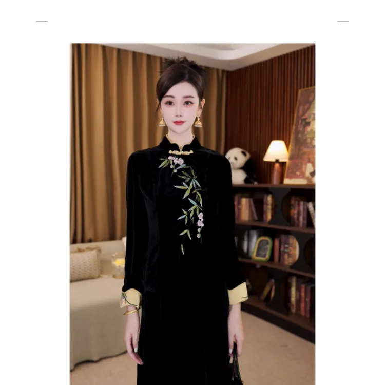 【花满枝】满分桑蚕丝丝绒上衣女秋修身新中式国风上衣LY-G8736