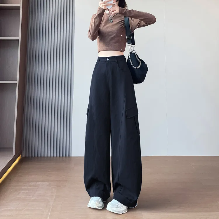 弯刀休闲工装裤女款爆款2025新款春秋美式高腰显瘦宽松卷边阔腿裤