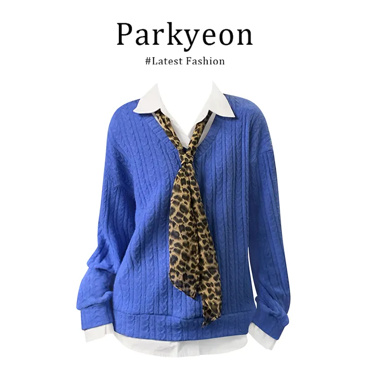 INS CEC克莱因蓝假两件麻花毛衣女冬季新款宽松高级感翻领上衣