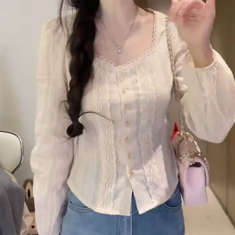 韩国小众设计早秋法式方领蕾丝显瘦长袖衬衫上衣C6258