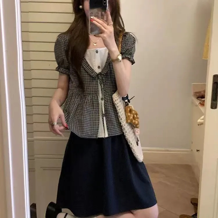 F撞色主义』日系衬衫女夏假两件蝴蝶结系带a摆百搭上衣+半裙