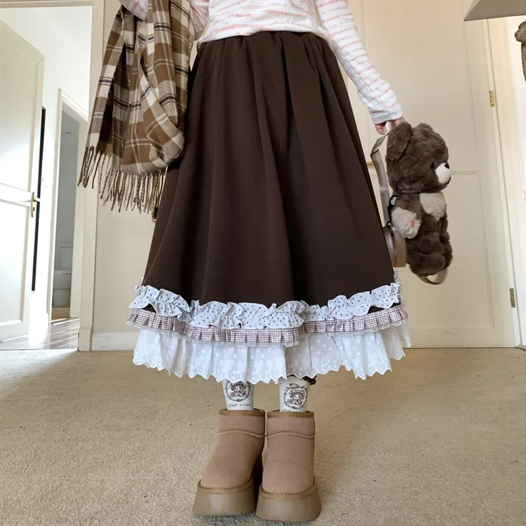 原创 重工古早感波点纯色半身裙咖色秋冬毛呢高腰显瘦复古花边女