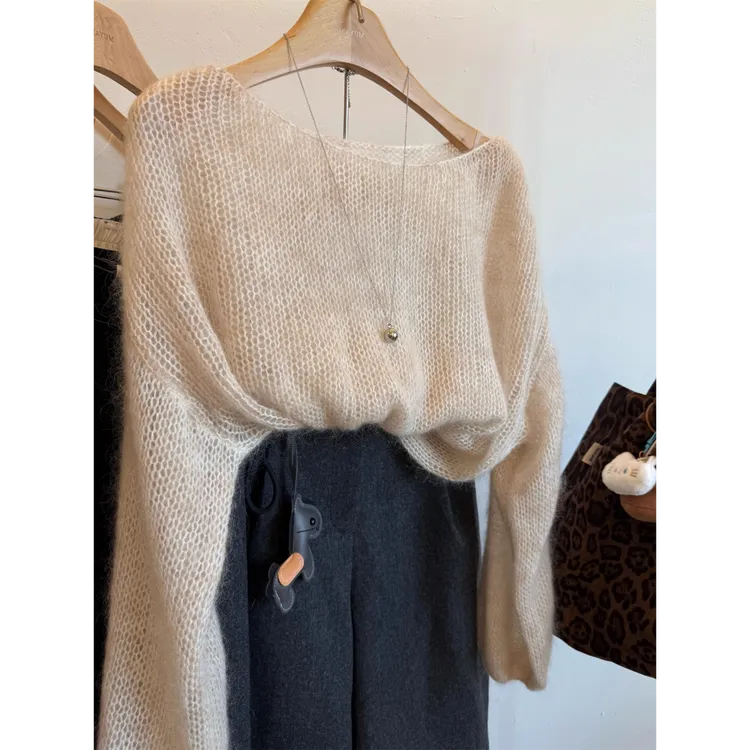 美爆了！上身绝美！温柔杏色毛衣慵懒短款针织衫女宽松显瘦漂亮上衣
