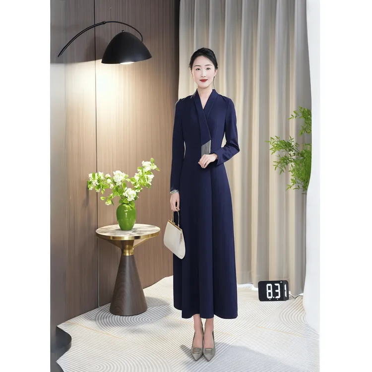 藏蓝色2025新款西装领收腰显瘦连衣裙