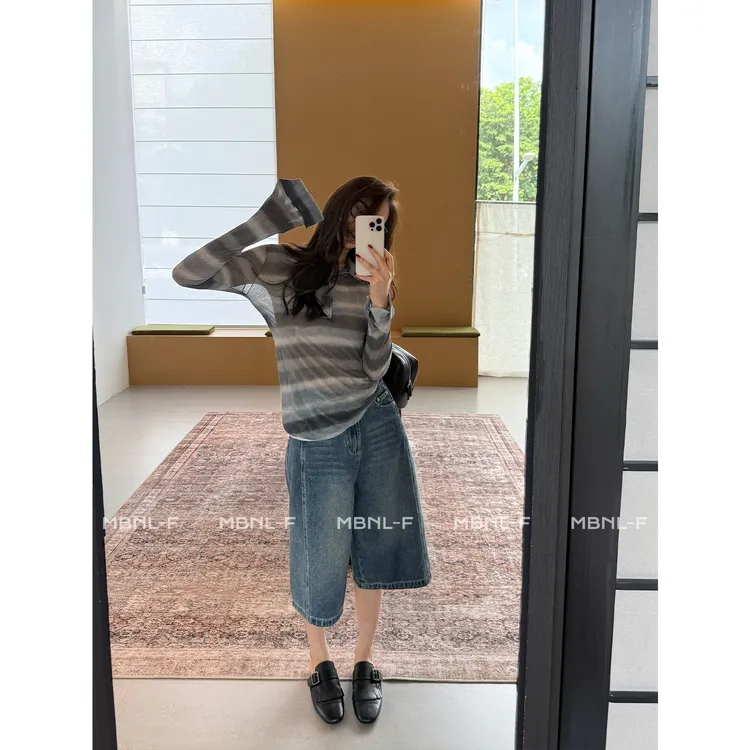 MBNL-F“费尼斯条纹” 100%棉定染条纹海鸥领长袖T恤秦磊XM-XSY5980