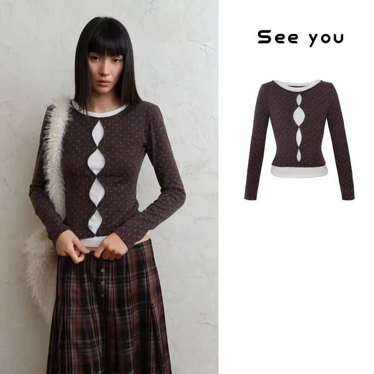 时尚百搭波点假两件撞色圆领打底衫设计感休闲显瘦长袖上衣L3857