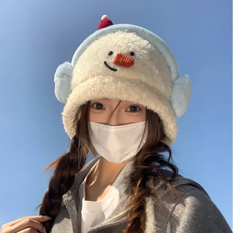 可爱卡通毛绒雪人针织雷锋帽子女大头围保暖毛线帽秋冬护耳套头帽