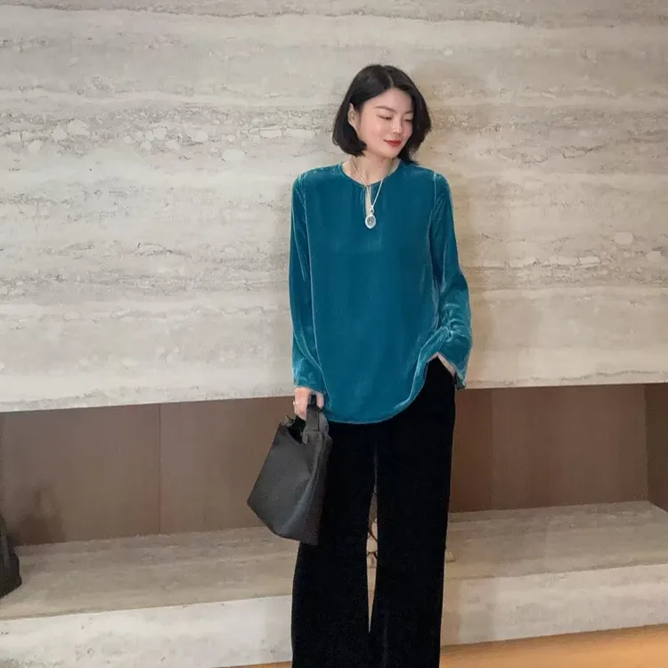 TANTAN 100真丝 气质简约圆领秋季丝绒上衣3062