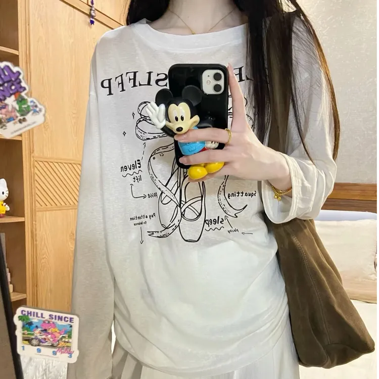 慵懒风薄款印花圆领白色长袖T恤女夏季微透宽松显瘦罩衫百搭上衣