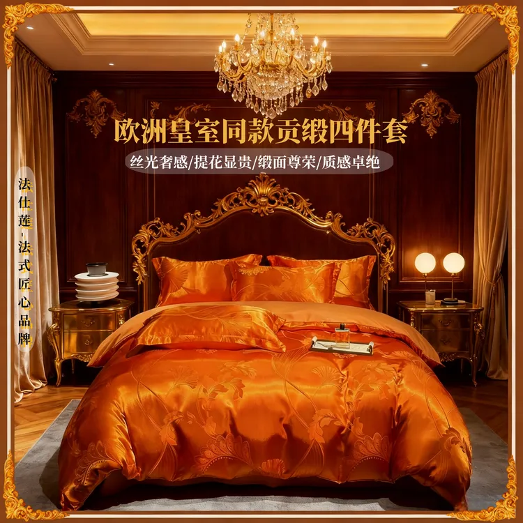 法仕莲/Fshilian锻贡提花四件套亲肤柔软丝滑柔软 水漾-爱玛橙