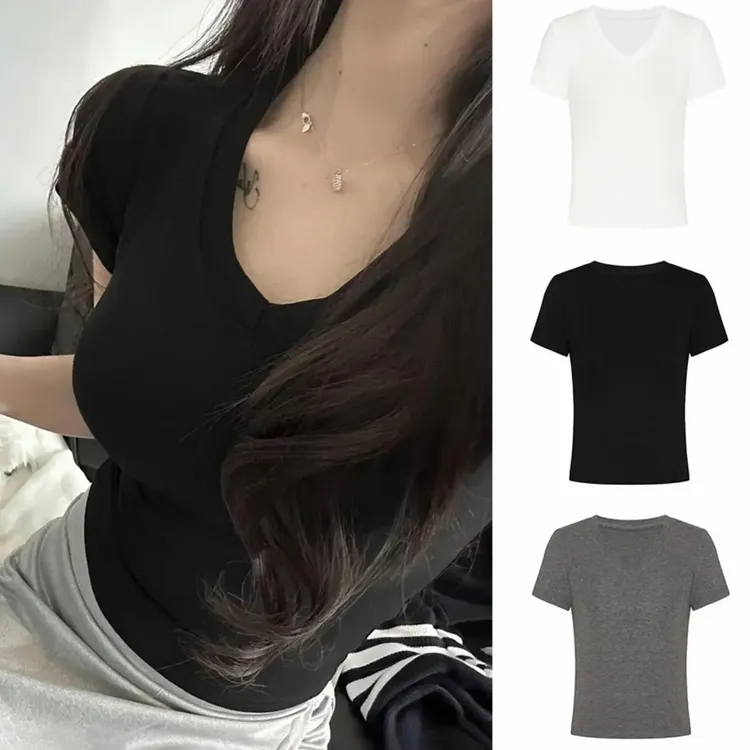 夏季纯欲辣妹V领百搭时尚正肩短袖修身显瘦上衣T恤女打底衫8002