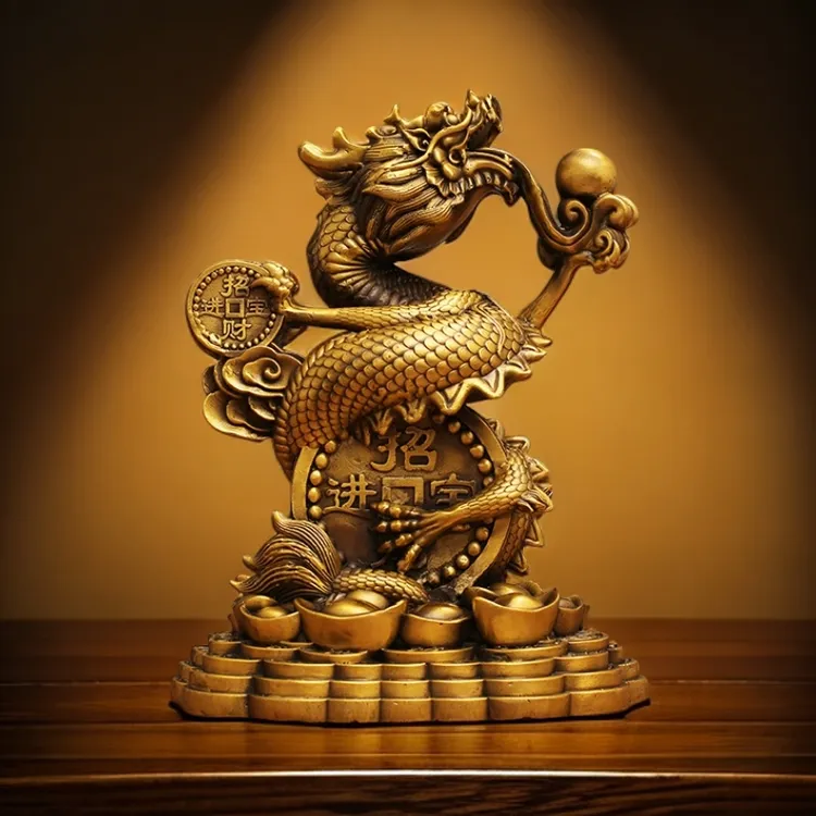 【师傅推荐】进宝龙黄铜摆件聚宝盆汉龙青龙生肖龙办公室桌面铜摆设