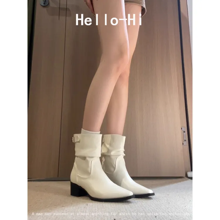 牛皮版~英伦风白色西部靴女皮带扣粗跟尖头气质优雅褶皱短靴秋冬