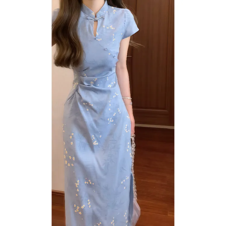 【如初】新中式国风绝美蓝色提花改良旗袍连衣裙收腰气质长裙9644